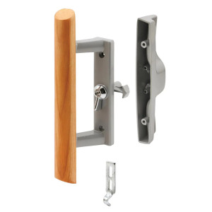 GRAY DIECAST SLIDING PATIO DOOR HANDLE WITH WOOD HANDLE