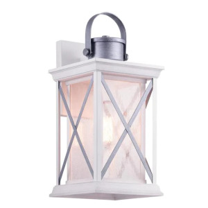 PENDLETON 1-LIGHT SATIN WHITE 16" OUTDOOR WALL LANTERN SCONCE WITH ANTIQUE SILVER ACCENTS