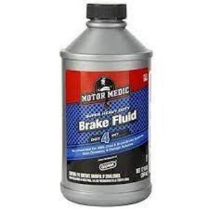 DESCRIPTION: (4) DOT 4 SUPER HEAVY DUTY BRAKE FLUID BRAND/MODEL: MOTOR MEDIC SIZE: 12 OZ LOCATION: SHOP QTY: 4