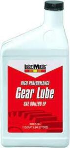 DESCRIPTION: (6) HIGH PERFORMANCE GEAR LUBE BRAND/MODEL: LUBRIMATIC INFORMATION: SAE 80W/90 EP SIZE: 1 QUART LOCATION: SHOP QTY: 6