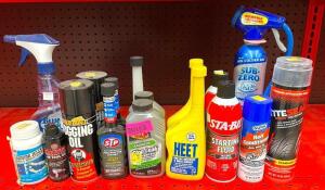 DESCRIPTION: ASSORTED AUTOMOTIVE LUBRICANTS AND CLEANING SUPPLIES AS SHOWN INFORMATION: SEE PHOTOS LOCATION: SHOP QTY: 1