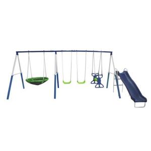 DESCRIPTION: (1) ALL STAR PLAYGROUND METAL SWING SET BRAND/MODEL: XDP RECREATION/76208 INFORMATION: BLUE, GREEN & WHITE/GLIDER/2-SWINGS RETAIL$: 299.0