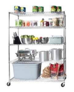 DESCRIPTION: (1) ROLLING STEEL WIRE SHELVING UNIT BRAND/MODEL: SEVILLE/WEB571 INFORMATION: CHROME PLATED/5-TIER/SUPPORTS UP TO 800 LBS SIZE: 75"H X 24