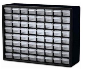 DESCRIPTION: (1) PLASTIC PARTS STORAGE CABINET BRAND/MODEL: AKRO-MILS/74-173 INFORMATION: BLACK/64-DRAWERS RETAIL$: 71.77 SIZE: 20" X 15.75" QTY: 1