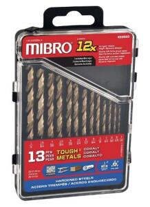 DESCRIPTION: (2) COBALT STEEL DRILL BIT BRAND/MODEL: MIBRO/499560 INFORMATION: 13-PIECE/135-DEGREES RETAIL$: 29.59 EACH SIZE: 1/16" TO 13/64" QTY: 2