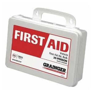 DESCRIPTION: (2) FIRST AID KIT BRAND/MODEL: GRAINGER/59381 INFORMATION: WHITE/PEOPLE SERVED: 25 PEOPLE RETAIL$: 47.25 EACH SIZE: 2.37"H X 6.31"W X 9.0