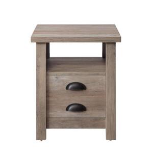 DESCRIPTION: (1) FARMHOUSE END TABLE BRAND/MODEL: BETTER HOMES & GARDEN/BH17-084-099-98 INFORMATION: RUSTIC GRAY/2-DRAWERS RETAIL$: 99.00 SIZE: 18.13"