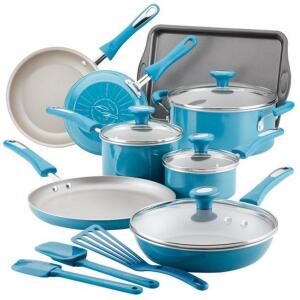 DESCRIPTION: (1) COOKWARE SET BRAND/MODEL: RACHAEL RAY INFORMATION: LIGHT BLUE/15-PIECES RETAIL$: 159.00 QTY: 1