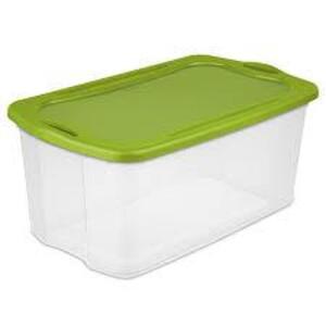 DESCRIPTION: (3) EZ CARY STORAGE TOTE BRAND/MODEL: STERILITE INFORMATION: CLEAR WITH GREEN LID RETAIL$: $20.00 EA SIZE: 120 QT QTY: 3