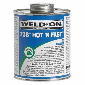 DESCRIPTION: (2) BLUE CEMENT FOR PVC PIPE FITTINGS BRAND/MODEL: WELD-ON 738 HOT N FAST RETAIL$: $12.85 EA SIZE: 16 FL OZ QTY: 2