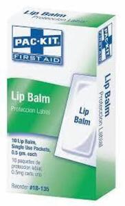 DESCRIPTION: (6) BOXES OF (10) PACKETS OF LIP BALM BRAND/MODEL: FIRST AID ONLY #39P062 RETAIL$: $5.00 EA SIZE: .5 OZ QTY: 6