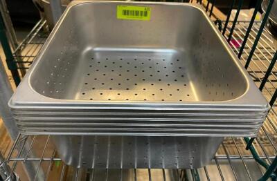 DESCRIPTION: (6) HALF SIZE STAINLESS INSERTS - PERFORATED ADDITIONAL INFORMATION NEW SIZE: 6" DEEP LOCATION: BAY 6 THIS LOT IS: SOLD BY THE PIECE QTY: