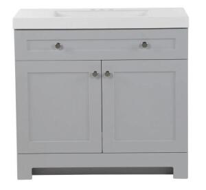 DESCRIPTION: (1) EVERDEAN VANITY TOP BRAND/MODEL: GLACIER BAY/EV36P2-PG INFORMATION: PEARL GRAY/WHITE BASIN/CULTURED MARBLE RETAIL$: 284.00 SIZE: 18.7