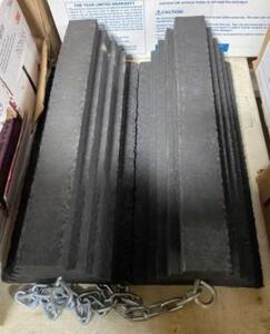 DESCRIPTION: (1) LOT OF (2) RUBBER WHEEL CHOCKS BRAND/MODEL: BUYERS INFORMATION: BLACK/WITH CHAIN RETAIL$: 82.95 PER LOT SIZE: 16"L X 7"W X 4"H QTY: 1