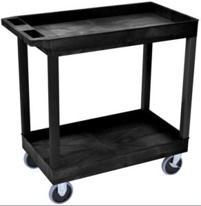 DESCRIPTION: (1) TUB SHELF UTILITY CART BRAND/MODEL: LUXOR/EC11HD-B INFORMATION: BLACK/TWO-TIER RETAIL$: 92.49 SIZE: 18" X 35-1/4" X 35-1/4" QTY: 1