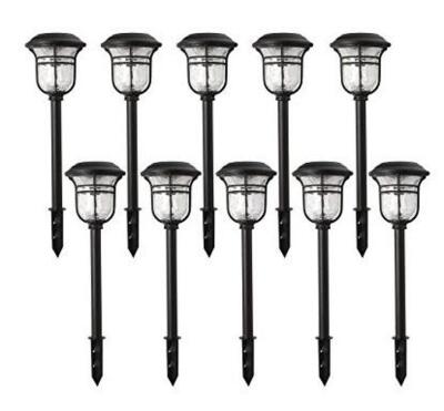 DESCRIPTION: (1) PACK OF (10) LANDSCAPE PATH SOLAR LIGHTS BRAND/MODEL: HAMPTON BAY/84075 INFORMATION: WEATHER-RUST RESISTANT/BLACK/3000K RETAIL$: 89.9