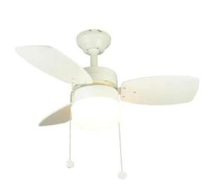 DESCRIPTION: (1) INDOOR CEILING FAN BRAND/MODEL: TRIPLICITY/DB30TWH-LP INFORMATION: WHITE/WITH LIGHT/3-BLADES RETAIL$: 49.97 SIZE: 30"D X 30"W X 14.45