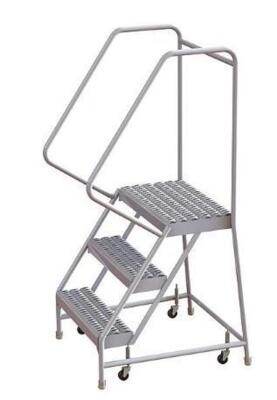 DESCRIPTION: (1) ROLLING LADDER BRAND/MODEL: TRI-ARC/WLAR103165 INFORMATION: 3-STEPS/SERRATED/SILVER RETAIL$: 404.00 SIZE: 30"D X 17"W X 62"H QTY: 1