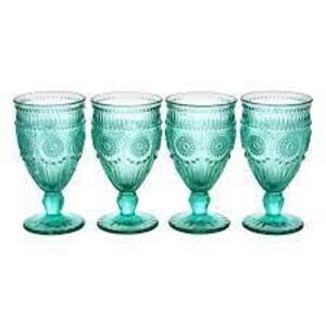 DESCRIPTION: (4) ADELINE GOBLETS BRAND/MODEL: THE PIONEER WOMAN/82796.04R INFORMATION: TEAL/FOOTED GLASS RETAIL$: 24.99 PER LOT SIZE: 12 OZ [10.24"X 5