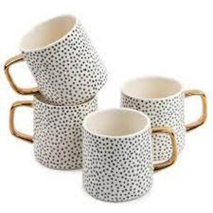 DESCRIPTION: (1) PACK OF (4) COFFEE MUGS BRAND/MODEL: THYME AND TABLE INFORMATION: BLACK AND WHITE DOT RETAIL$: $20.00 SIZE: 15 OZ QTY: 1