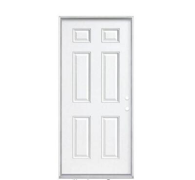 36 IN. X 80 IN. 6-PANEL LEFT HAND INSWING PRIMED WHITE STEEL PREHUNG FRONT EXTERIOR DOOR WITH VINYL FRAME