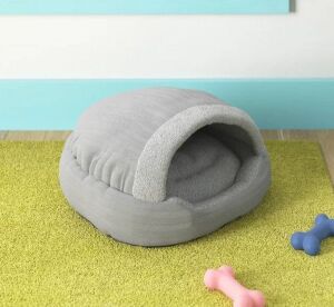 CANVAS SHERPA FLEECE DEEP DISH CAVE HOODED PET BED