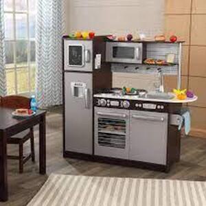 DESCRIPTION: (1) UPTOWN PLAY KITCHEN BRAND/MODEL: KIDKRAFT/53388 INFORMATION: ESPRESSO & SILVER/30-PIECES RETAIL$: 199.99 SIZE: 43"L X 17.75"W X 41"H