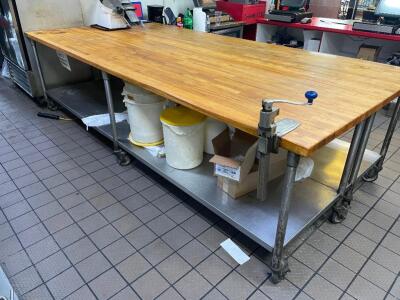 DESCRIPTION: 11' X 30" BUTCHER BLOCK TABLE TOP W/ STAINLESS BASE. ON CASTERS ADDITIONAL INFORMATION W/ MOUNTED CAN OPENER. HEAVY DUTY SIZE 11' X 30" L