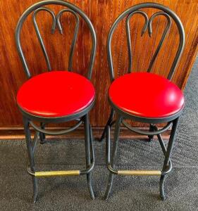 DESCRIPTION: (2) 30" METAL FRAMED BAR STOOLS W/ RED VINYL SEAT CUSHIONS BRAND / MODEL: MTS SIZE 30" LOCATION: SEATING THIS LOT IS: SOLD BY THE PIECE Q