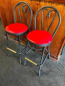 DESCRIPTION: (2) 30" METAL FRAMED BAR STOOLS W/ RED VINYL SEAT CUSHIONS BRAND / MODEL: MTS SIZE 30" LOCATION: SEATING THIS LOT IS: SOLD BY THE PIECE Q