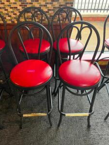 DESCRIPTION: (4) 30" METAL FRAMED BAR STOOLS W/ RED VINYL SEAT CUSHIONS BRAND / MODEL: MTS SIZE 30" LOCATION: SEATING THIS LOT IS: SOLD BY THE PIECE Q