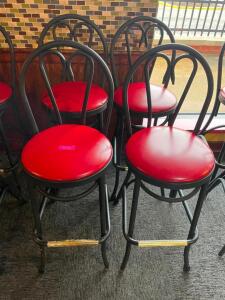 DESCRIPTION: (4) 30" METAL FRAMED BAR STOOLS W/ RED VINYL SEAT CUSHIONS BRAND / MODEL: MTS SIZE 30" LOCATION: SEATING THIS LOT IS: SOLD BY THE PIECE Q