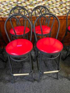 DESCRIPTION: (4) 30" METAL FRAMED BAR STOOLS W/ RED VINYL SEAT CUSHIONS BRAND / MODEL: MTS SIZE 30" LOCATION: SEATING THIS LOT IS: SOLD BY THE PIECE Q