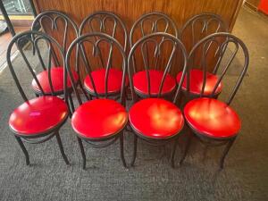 DESCRIPTION: (8) METAL FRAMED CHAIRS W/ RED VINYL SEAT CUSHIONS BRAND / MODEL: MTS LOCATION: SEATING THIS LOT IS: SOLD BY THE PIECE QTY: 8