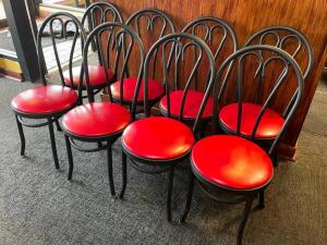 DESCRIPTION: (8) METAL FRAMED CHAIRS W/ RED VINYL SEAT CUSHIONS BRAND / MODEL: MTS LOCATION: SEATING THIS LOT IS: SOLD BY THE PIECE QTY: 8