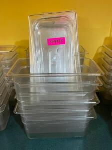 DESCRIPTION: (6) 1/3 SIZE PLASTIC INSERTS W/ LIDS BRAND / MODEL: 6" DEEP ADDITIONAL INFORMATION HAS BROKEN OFF CORNER EDGES LOCATION: SEATING THIS LOT