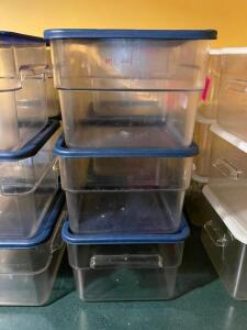 DESCRIPTION: (3) 12 LITER PLASTIC CONTAINERS W/ LIDS BRAND / MODEL: CAMBRO 12SFCW SIZE 12 LITER LOCATION: SEATING THIS LOT IS: SOLD BY THE PIECE QTY: