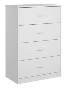 DESCRIPTION: (1) EMERY DRAWER DRESSER BRAND/MODEL: MAINSTAYS/DW70991 INFORMATION: WHITE/4-DRAWERS RETAIL$: 115.00 SIZE: 15.67"L X 27.72"W X 40.16"H QT