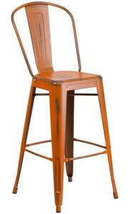 DESCRIPTION: (4) BISTRO BAR STOOL BRAND/MODEL: FLASH FURNITURE/889142024323 INFORMATION: ORANGE/WEIGHT CAPACITY: 500 LBS RETAIL$: 95.55 EACH SIZE: 18"