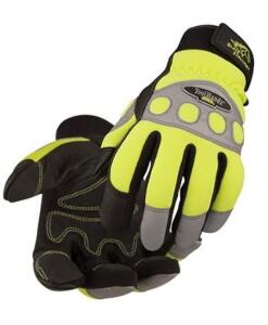 DESCRIPTION: (12) HI-VIS MECHANICS GLOVES BRAND/MODEL: BLACK STALLION/99HV INFORMATION: LIME, SILVER & BLACK/PIGSKIN & SPANDEX RETAIL$: 23.99 EACH SIZ