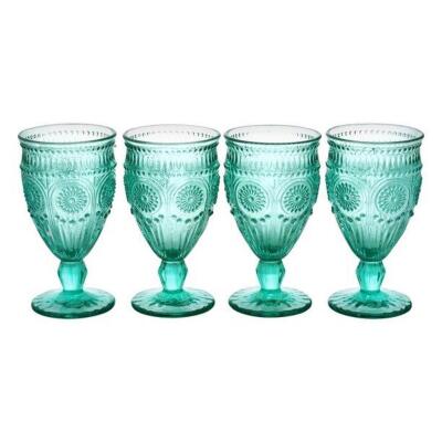 DESCRIPTION: (1) PACK OF (4) GLASS GOBLETS BRAND/MODEL: GIBSON/82796.04R INFORMATION: 4-PIECES/TUQUOISE RETAIL$: 24.99 PER PK OF 4 SIZE: 12 OZ. QTY: 1