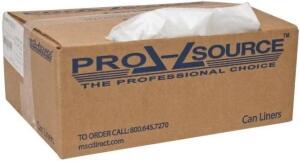 DESCRIPTION: (1) PACK OF (100) TRASH BAGS BRAND/MODEL: PRO-SOURCE/45182557 INFORMATION: CLEAR/NO DRAWSTRING RETAIL$: 179.55 PER PK OF 100 SIZE: 58 GAL