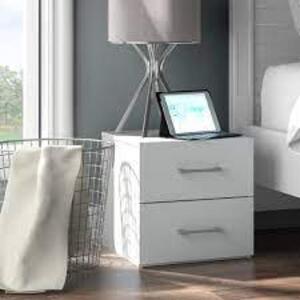 DESCRIPTION: (1) NIGHTSTAND BRAND/MODEL: LIVING ESSENTIALS INFORMATION: WHITE RETAIL$: 150 SIZE: 2 DRAWER QTY: 1