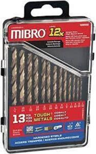 DESCRIPTION: (2) COBALT STEEL DRILL BIT BRAND/MODEL: MIBRO/499560 INFORMATION: 13-PIECE/135-DEGREES RETAIL$: 29.59 EACH SIZE: 1/16" TO 13/64" QTY: 2