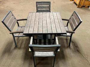 DESCRIPTION: 35.5" X 35.5" TEAK PATIO TABLE W/ METAL FRAME AND (4) TEAK CHAIRS. BRAND / MODEL: EAST COAST CHAIR & BARSTOOL ADDITIONAL INFORMATION RETA