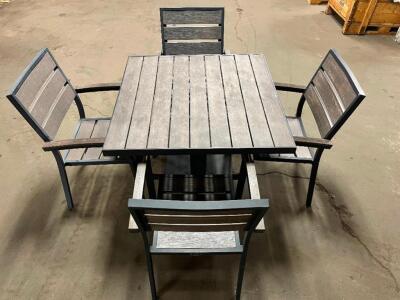 DESCRIPTION: 35.5" X 35.5" TEAK PATIO TABLE W/ METAL FRAME AND (4) TEAK CHAIRS. BRAND / MODEL: EAST COAST CHAIR & BARSTOOL ADDITIONAL INFORMATION RETA