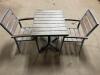 DESCRIPTION: 35.5" X 35.5" TEAK PATIO TABLE W/ METAL FRAME AND (4) TEAK CHAIRS. BRAND / MODEL: EAST COAST CHAIR & BARSTOOL ADDITIONAL INFORMATION RETA