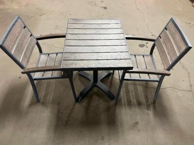 DESCRIPTION: 30" X 24" TEAK PATIO TABLE W/ METAL FRAME AND (2) TEAK CHAIRS. BRAND / MODEL: EAST COAST CHAIR & BARSTOOL ADDITIONAL INFORMATION RETAIL V