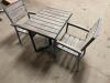 DESCRIPTION: 30" X 24" TEAK PATIO TABLE W/ METAL FRAME AND (2) TEAK CHAIRS. BRAND / MODEL: EAST COAST CHAIR & BARSTOOL ADDITIONAL INFORMATION RETAIL V - 2