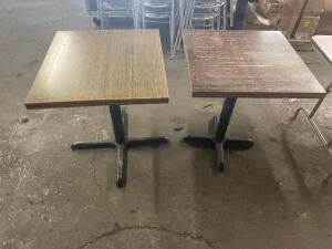 DESCRIPTION: (2) 24" X 24" TABLES W/ NON MATCHING WOOD TOPS SIZE: 24" X 24" LOCATION: 7 THIS LOT IS: SOLD BY THE PIECE QTY: 2